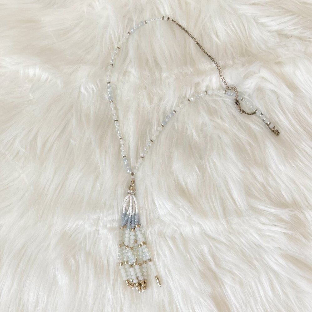 White, Gold, and Blue Tassel Necklace